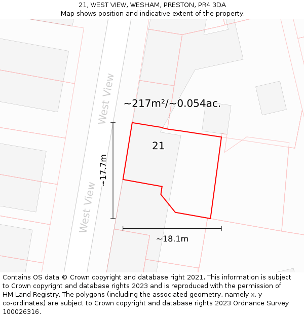 21, WEST VIEW, WESHAM, PRESTON, PR4 3DA: Plot and title map