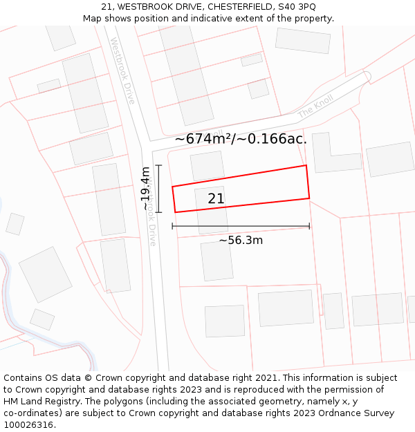 21, WESTBROOK DRIVE, CHESTERFIELD, S40 3PQ: Plot and title map