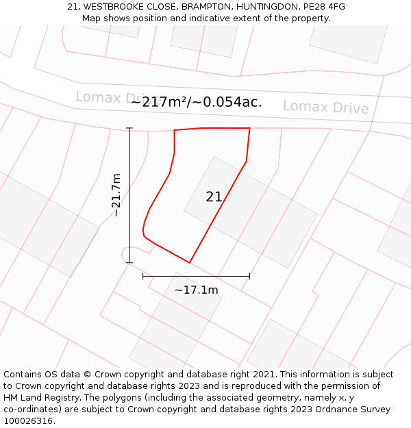 21, WESTBROOKE CLOSE, BRAMPTON, HUNTINGDON, PE28 4FG: Plot and title map
