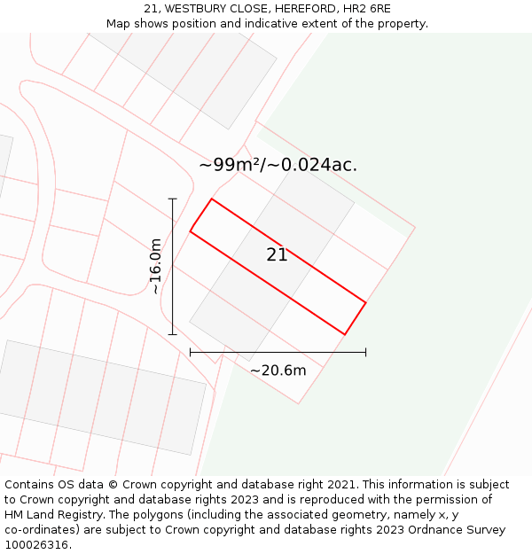 21, WESTBURY CLOSE, HEREFORD, HR2 6RE: Plot and title map