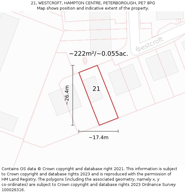 21, WESTCROFT, HAMPTON CENTRE, PETERBOROUGH, PE7 8PG: Plot and title map