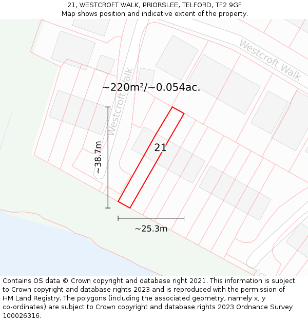21, WESTCROFT WALK, PRIORSLEE, TELFORD, TF2 9GF: Plot and title map
