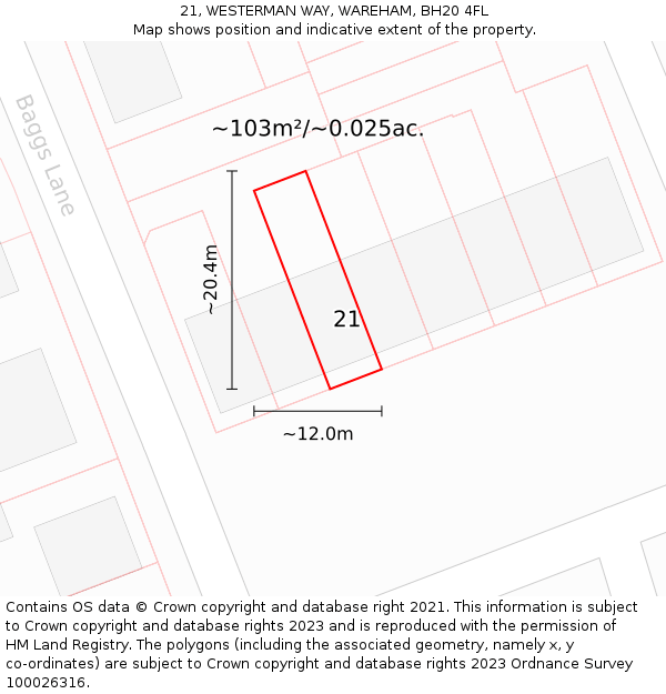 21, WESTERMAN WAY, WAREHAM, BH20 4FL: Plot and title map