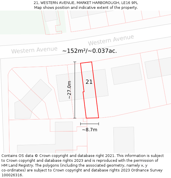 21, WESTERN AVENUE, MARKET HARBOROUGH, LE16 9PL: Plot and title map