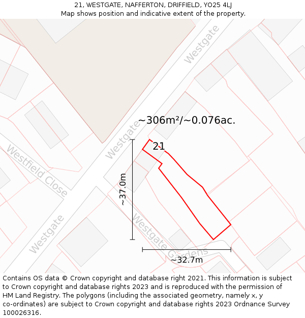 21, WESTGATE, NAFFERTON, DRIFFIELD, YO25 4LJ: Plot and title map