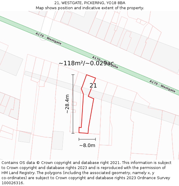21, WESTGATE, PICKERING, YO18 8BA: Plot and title map