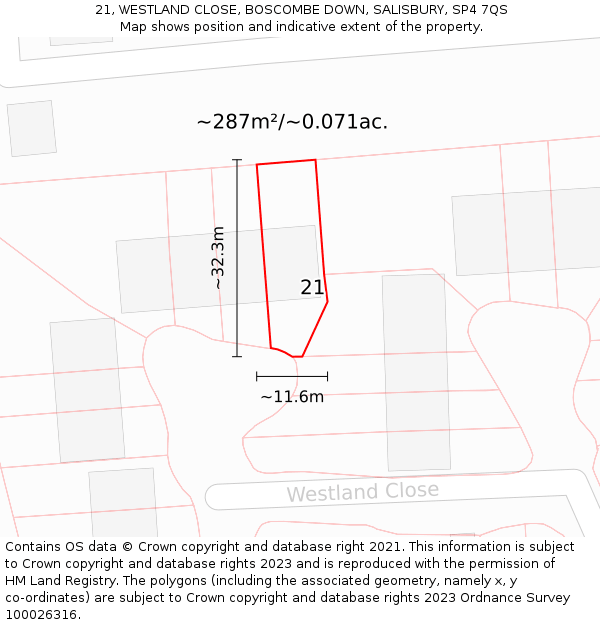 21, WESTLAND CLOSE, BOSCOMBE DOWN, SALISBURY, SP4 7QS: Plot and title map