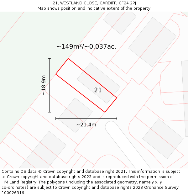 21, WESTLAND CLOSE, CARDIFF, CF24 2PJ: Plot and title map