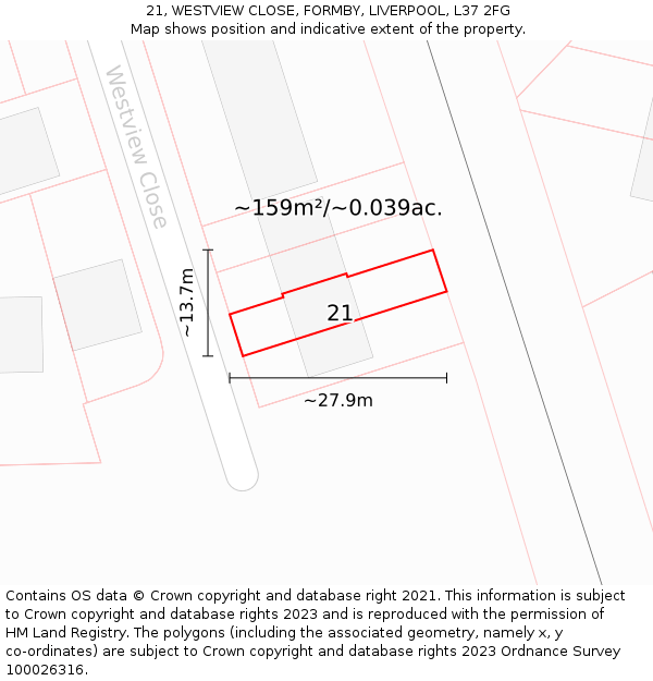 21, WESTVIEW CLOSE, FORMBY, LIVERPOOL, L37 2FG: Plot and title map