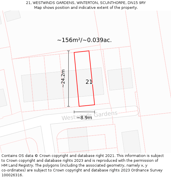 21, WESTWINDS GARDENS, WINTERTON, SCUNTHORPE, DN15 9RY: Plot and title map