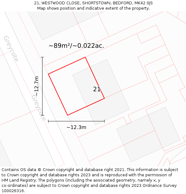 21, WESTWOOD CLOSE, SHORTSTOWN, BEDFORD, MK42 0JS: Plot and title map