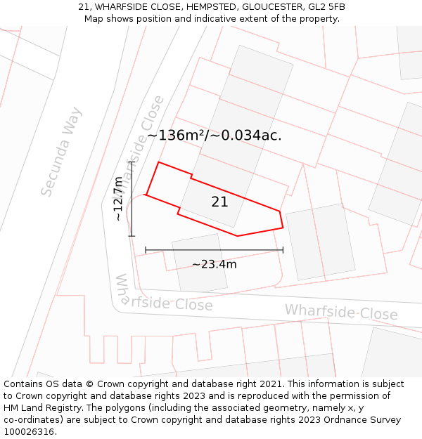21, WHARFSIDE CLOSE, HEMPSTED, GLOUCESTER, GL2 5FB: Plot and title map