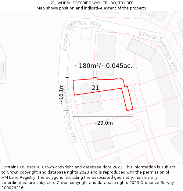 21, WHEAL SPERRIES WAY, TRURO, TR1 3FE: Plot and title map