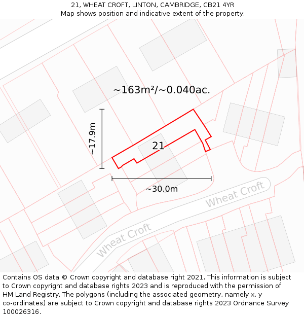 21, WHEAT CROFT, LINTON, CAMBRIDGE, CB21 4YR: Plot and title map