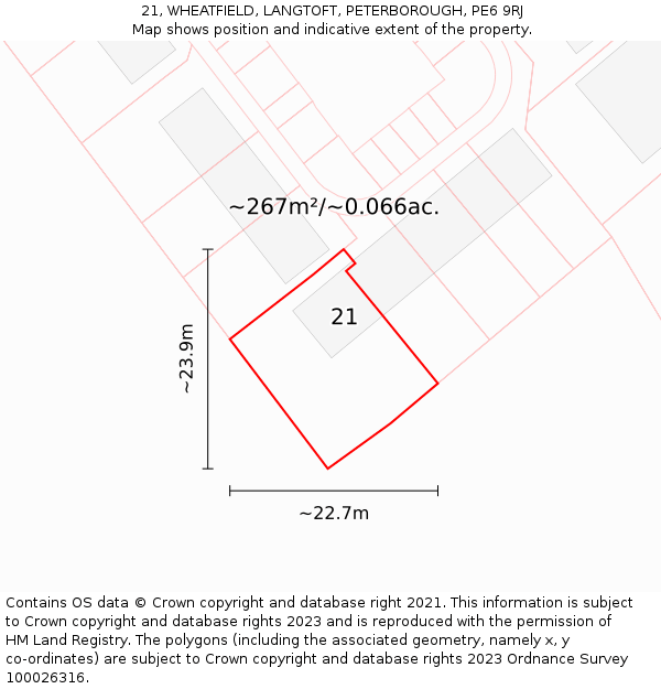 21, WHEATFIELD, LANGTOFT, PETERBOROUGH, PE6 9RJ: Plot and title map