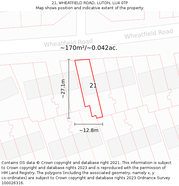 21, WHEATFIELD ROAD, LUTON, LU4 0TP: Plot and title map