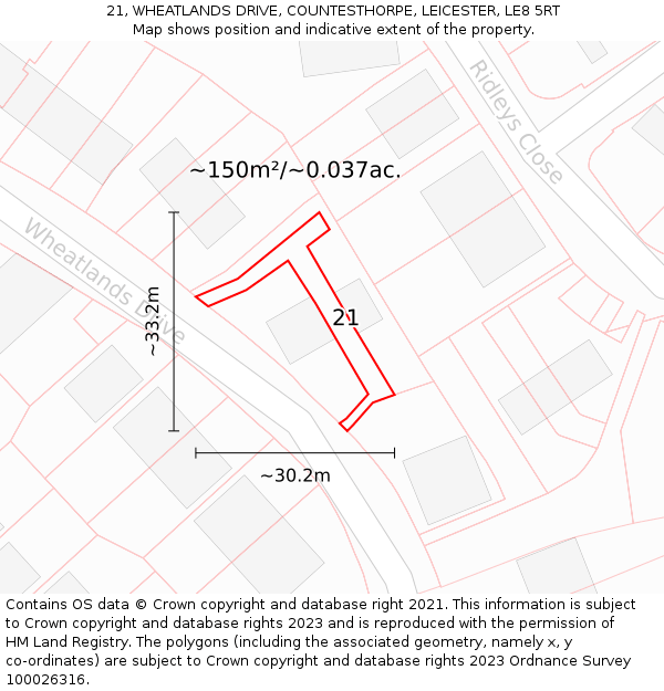 21, WHEATLANDS DRIVE, COUNTESTHORPE, LEICESTER, LE8 5RT: Plot and title map
