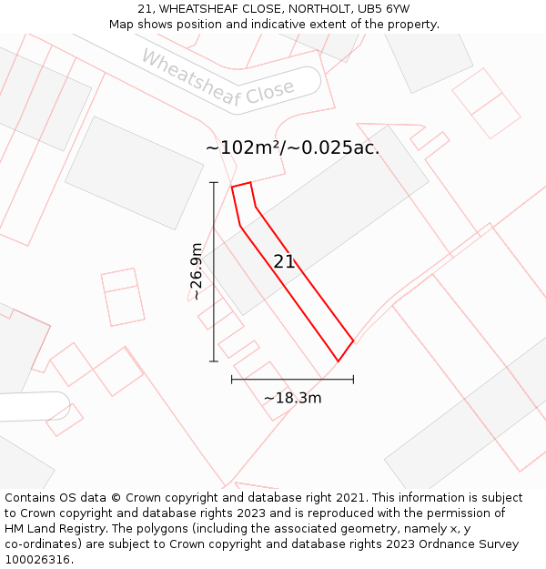 21, WHEATSHEAF CLOSE, NORTHOLT, UB5 6YW: Plot and title map