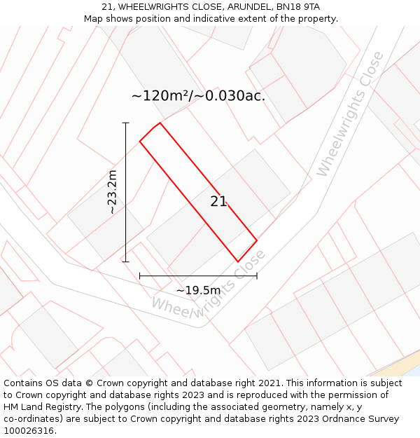 21, WHEELWRIGHTS CLOSE, ARUNDEL, BN18 9TA: Plot and title map