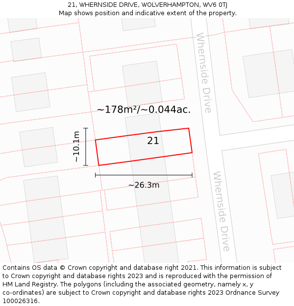 21, WHERNSIDE DRIVE, WOLVERHAMPTON, WV6 0TJ: Plot and title map
