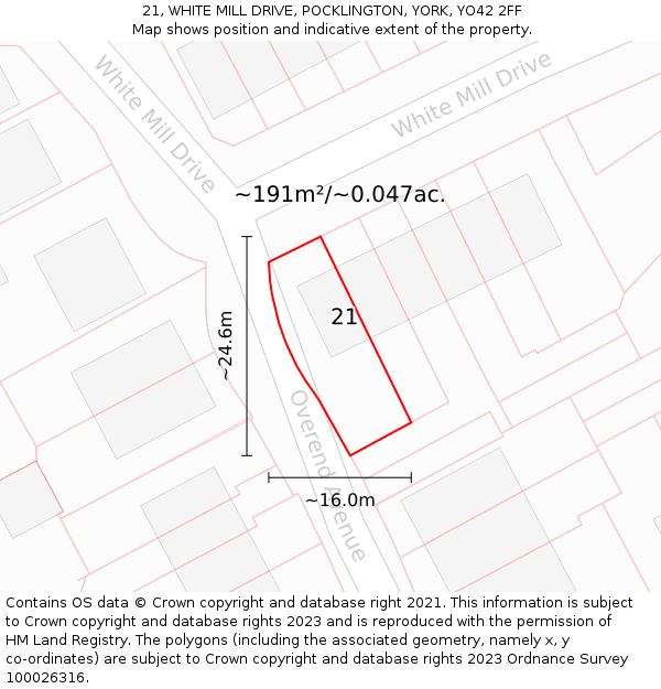21, WHITE MILL DRIVE, POCKLINGTON, YORK, YO42 2FF: Plot and title map