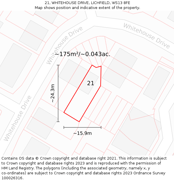 21, WHITEHOUSE DRIVE, LICHFIELD, WS13 8FE: Plot and title map