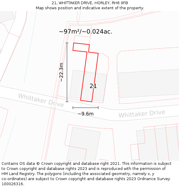 21, WHITTAKER DRIVE, HORLEY, RH6 9FB: Plot and title map