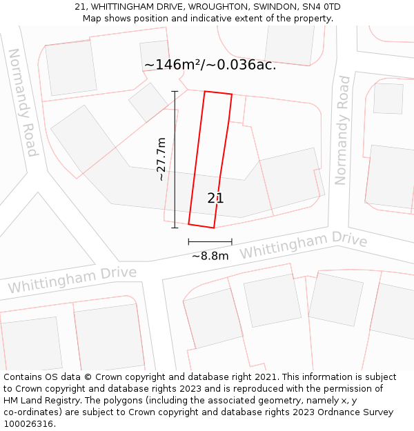 21, WHITTINGHAM DRIVE, WROUGHTON, SWINDON, SN4 0TD: Plot and title map