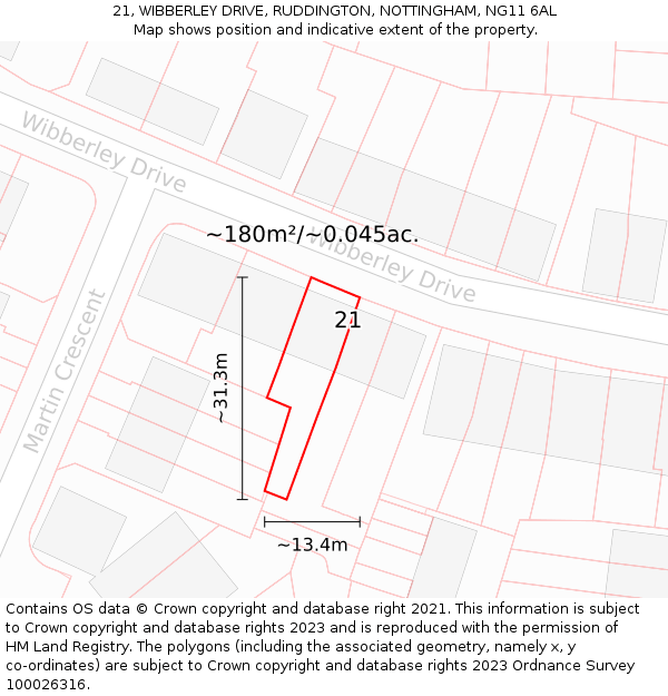 21, WIBBERLEY DRIVE, RUDDINGTON, NOTTINGHAM, NG11 6AL: Plot and title map