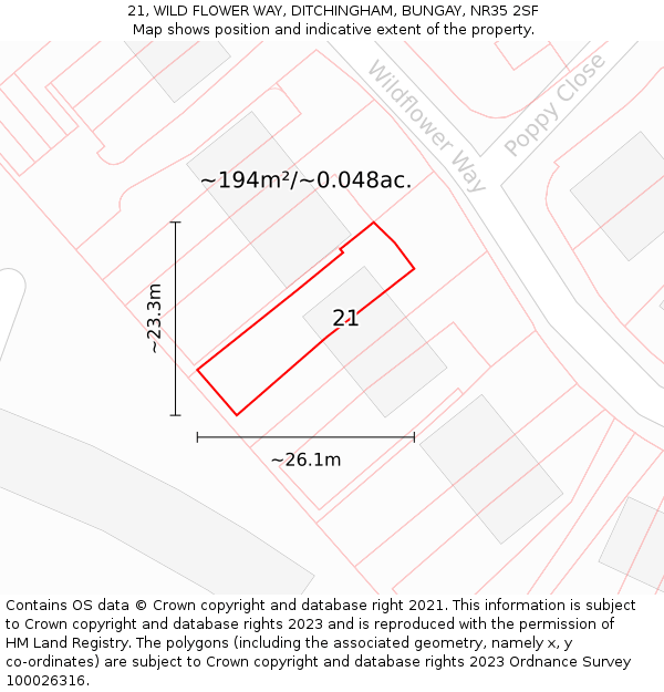 21, WILD FLOWER WAY, DITCHINGHAM, BUNGAY, NR35 2SF: Plot and title map