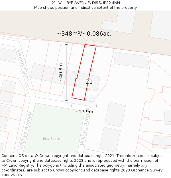 21, WILLBYE AVENUE, DISS, IP22 4NN: Plot and title map