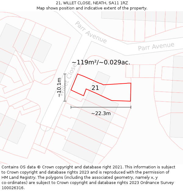 21, WILLET CLOSE, NEATH, SA11 1RZ: Plot and title map