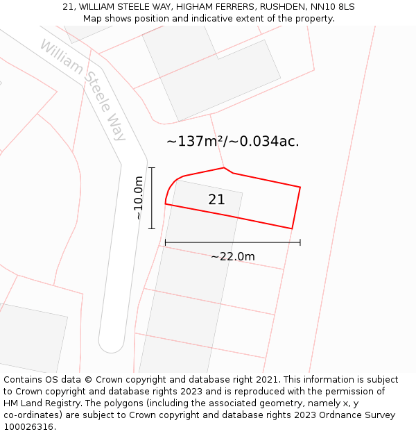 21, WILLIAM STEELE WAY, HIGHAM FERRERS, RUSHDEN, NN10 8LS: Plot and title map