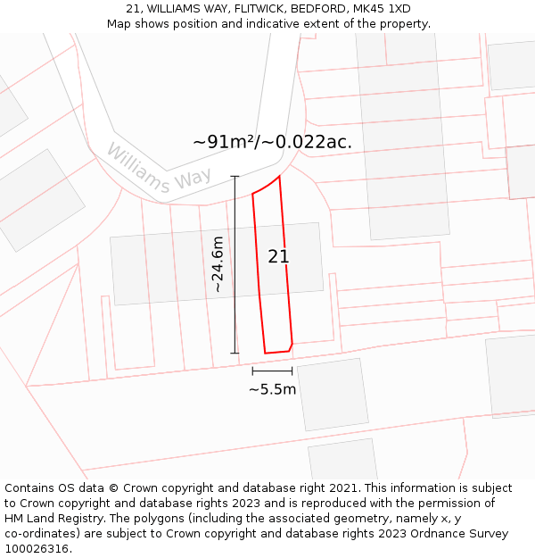 21, WILLIAMS WAY, FLITWICK, BEDFORD, MK45 1XD: Plot and title map