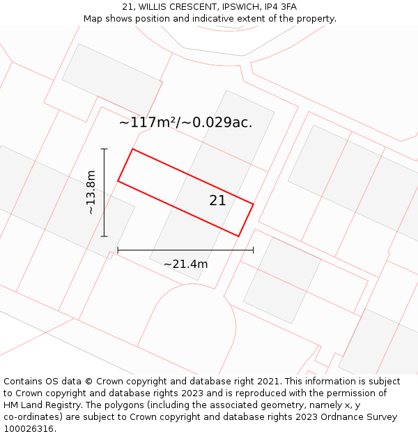 21, WILLIS CRESCENT, IPSWICH, IP4 3FA: Plot and title map