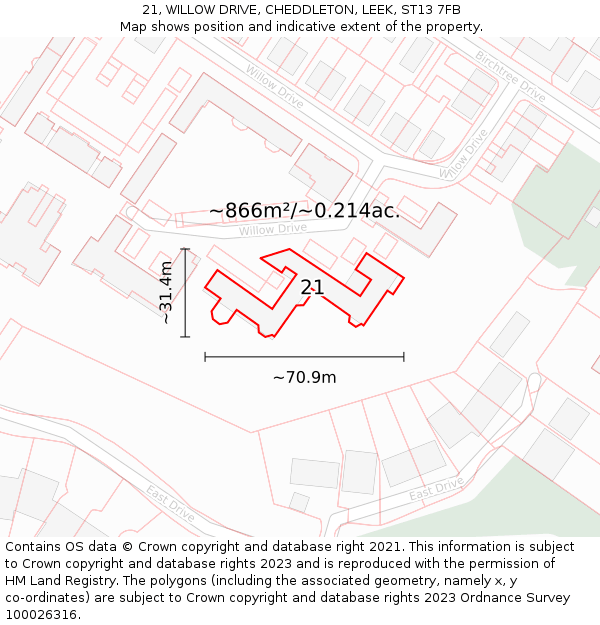 21, WILLOW DRIVE, CHEDDLETON, LEEK, ST13 7FB: Plot and title map