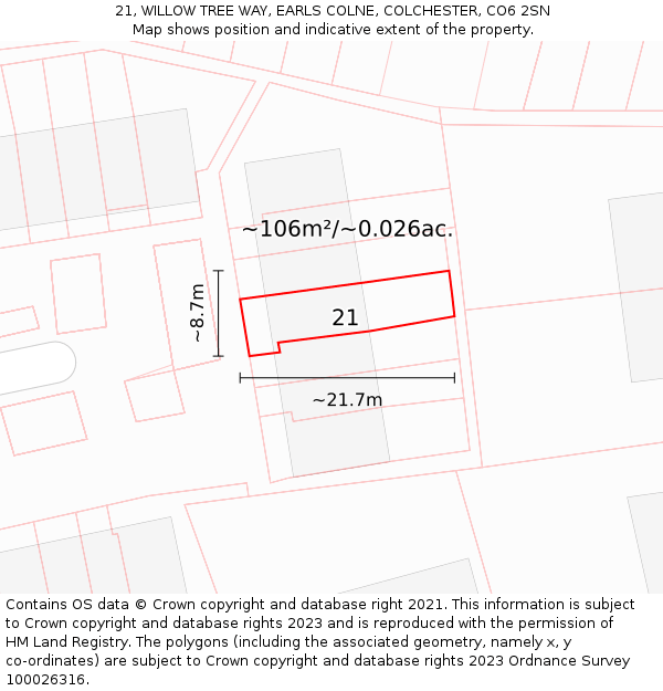 21, WILLOW TREE WAY, EARLS COLNE, COLCHESTER, CO6 2SN: Plot and title map