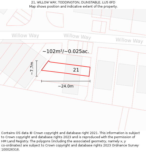 21, WILLOW WAY, TODDINGTON, DUNSTABLE, LU5 6FD: Plot and title map