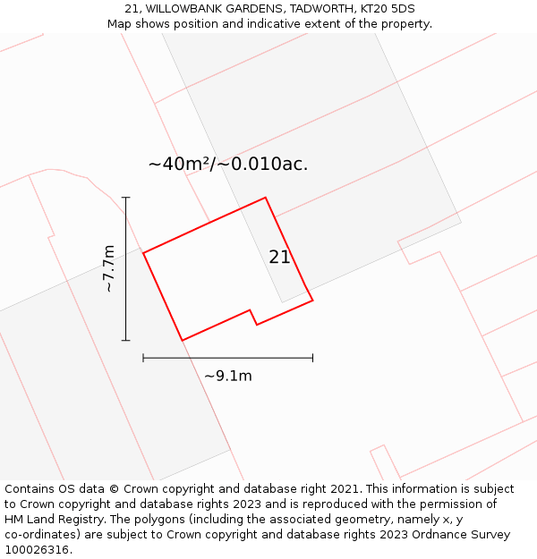 21, WILLOWBANK GARDENS, TADWORTH, KT20 5DS: Plot and title map