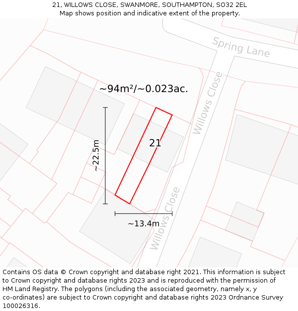 21, WILLOWS CLOSE, SWANMORE, SOUTHAMPTON, SO32 2EL: Plot and title map