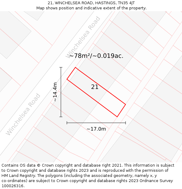 21, WINCHELSEA ROAD, HASTINGS, TN35 4JT: Plot and title map