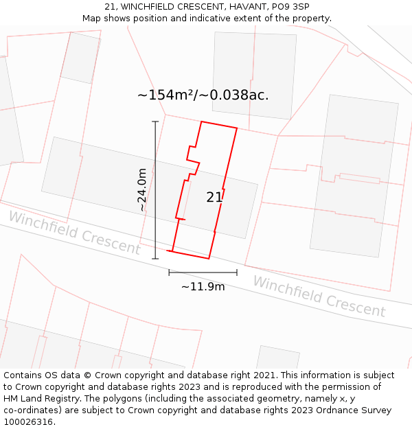 21, WINCHFIELD CRESCENT, HAVANT, PO9 3SP: Plot and title map