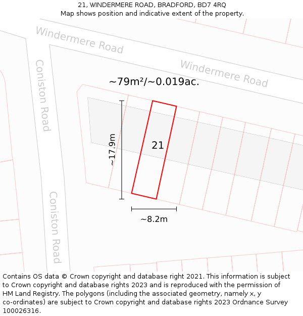 21, WINDERMERE ROAD, BRADFORD, BD7 4RQ: Plot and title map