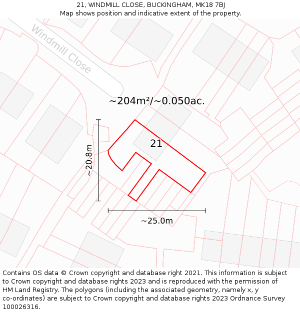 21, WINDMILL CLOSE, BUCKINGHAM, MK18 7BJ: Plot and title map