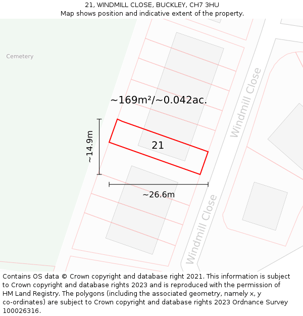 21, WINDMILL CLOSE, BUCKLEY, CH7 3HU: Plot and title map