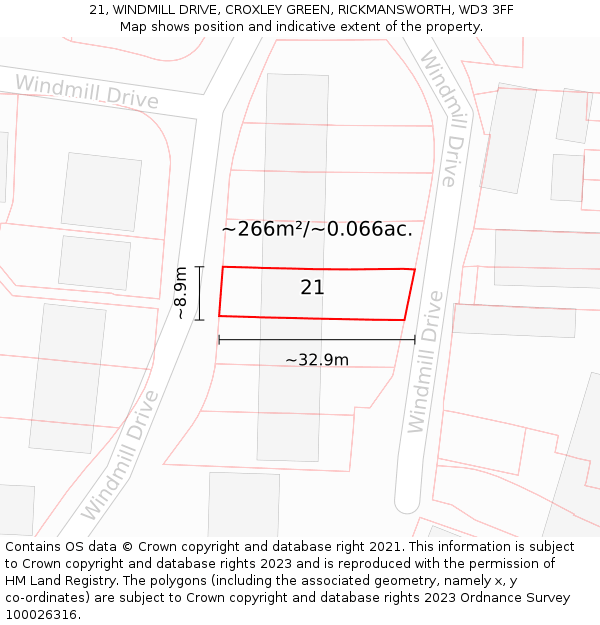 21, WINDMILL DRIVE, CROXLEY GREEN, RICKMANSWORTH, WD3 3FF: Plot and title map
