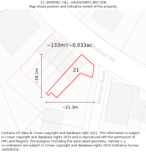 21, WINDMILL HILL, HALESOWEN, B63 2DB: Plot and title map