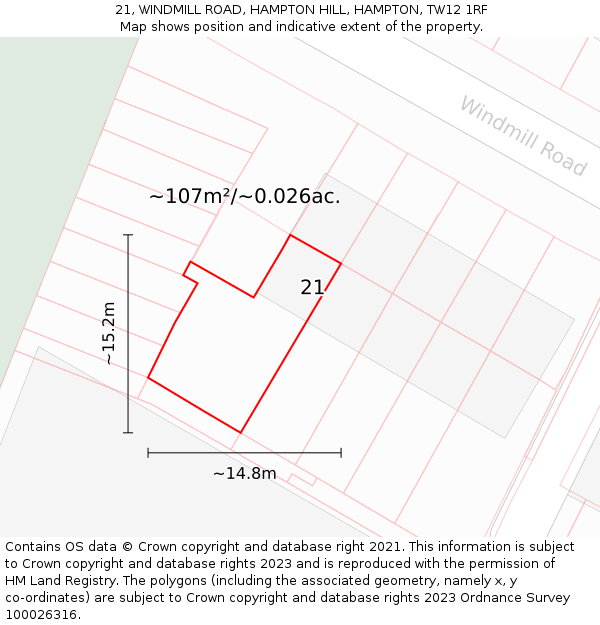 21, WINDMILL ROAD, HAMPTON HILL, HAMPTON, TW12 1RF: Plot and title map