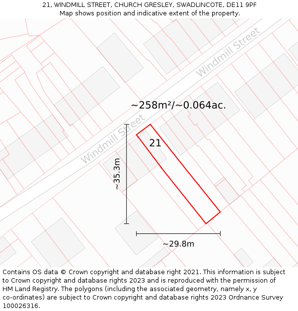 21, WINDMILL STREET, CHURCH GRESLEY, SWADLINCOTE, DE11 9PF: Plot and title map