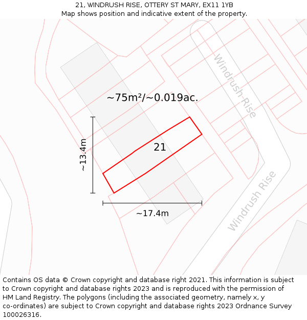 21, WINDRUSH RISE, OTTERY ST MARY, EX11 1YB: Plot and title map